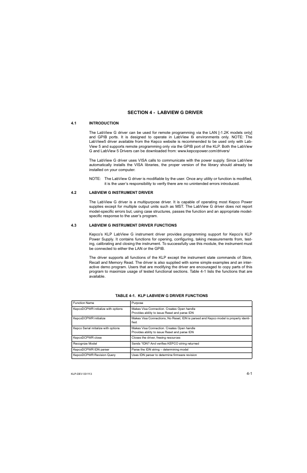 Section 4 - labview g driver, 1 introduction, 2 labview g instrument driver | 3 labview g instrument driver functions, Table 4-1. klp labview g driver functions, Labview g instrument driver -1, Labview g instrument driver functions -1, Klp labview g driver functions -1, N 4) | KEPCO KLP Series Developer's Guide, Rev 1 User Manual | Page 43 / 132