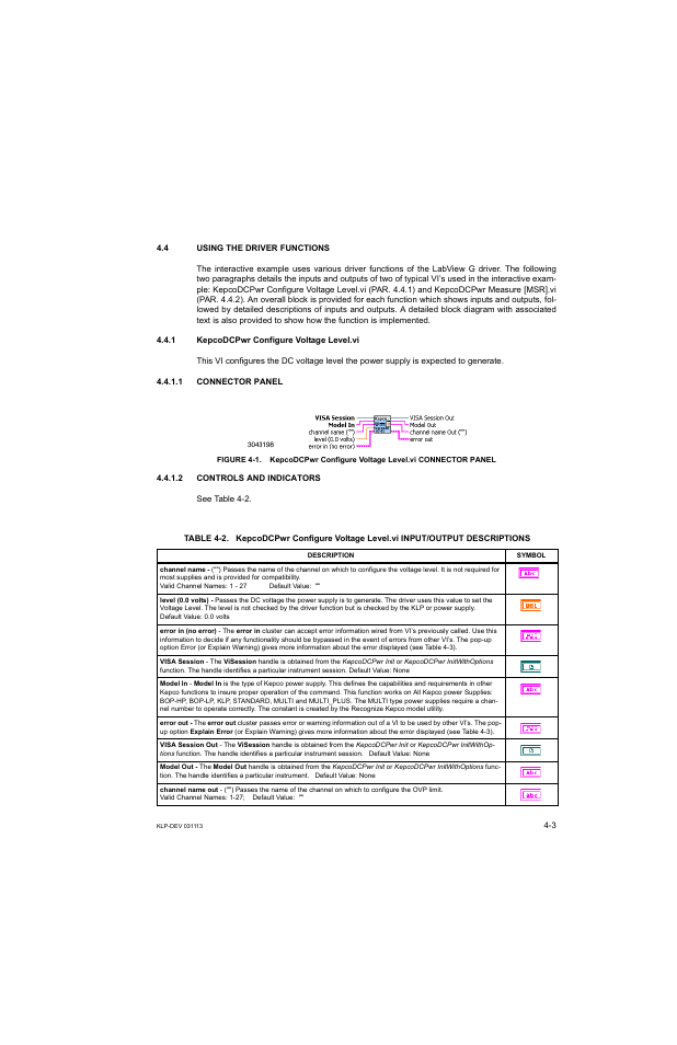 4 using the driver functions, 1 kepcodcpwr configure voltage level.vi, 1 connector panel | 2 controls and indicators, Using the driver functions -3, Epco, Connector panel -3, Controls and indicators -3 | KEPCO KLP Series Developer's Guide, Rev 1 User Manual | Page 45 / 132