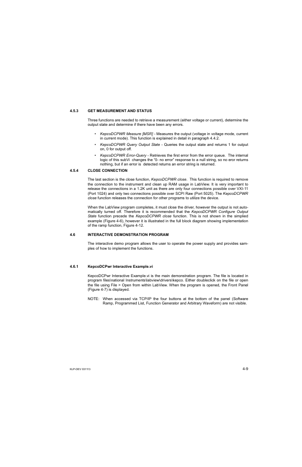 3 get measurement and status, 4 close connection, 6 interactive demonstration program | 1 kepcodcpwr interactive example.vi, Get measurement and status -9, Close connection -9, Interactive demonstration program -9, Kepcodcpwr interactive example.vi -9 | KEPCO KLP Series Developer's Guide, Rev 1 User Manual | Page 51 / 132