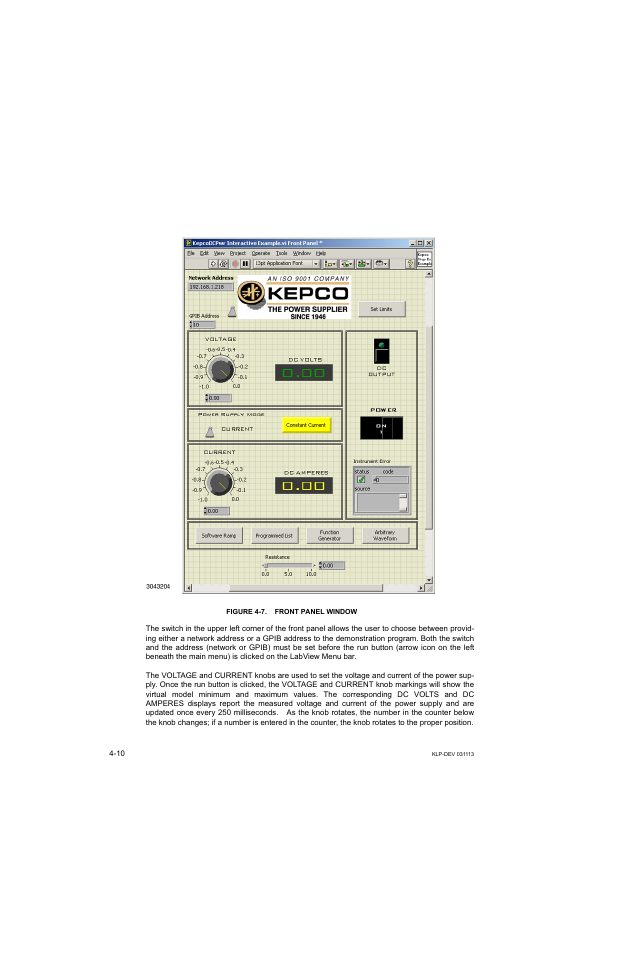 Figure 4-7. front panel window, Front panel window -10, E 4-7) | KEPCO KLP Series Developer's Guide, Rev 1 User Manual | Page 52 / 132