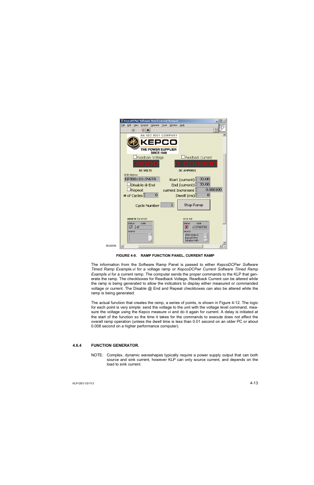 Figure 4-9. ramp function panel, current ramp, 4 function generator, Function generator -13 | Ramp function panel, current ramp -13 | KEPCO KLP Series Developer's Guide, Rev 1 User Manual | Page 55 / 132