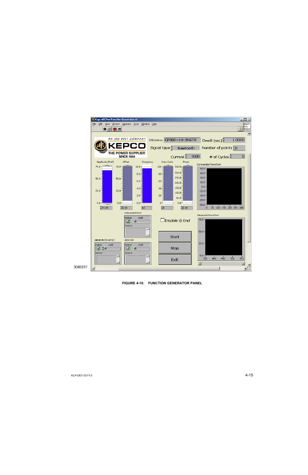 Figure 4-10. function generator panel, 10 function generator panel -15, E 4-10 | KEPCO KLP Series Developer's Guide, Rev 1 User Manual | Page 57 / 132