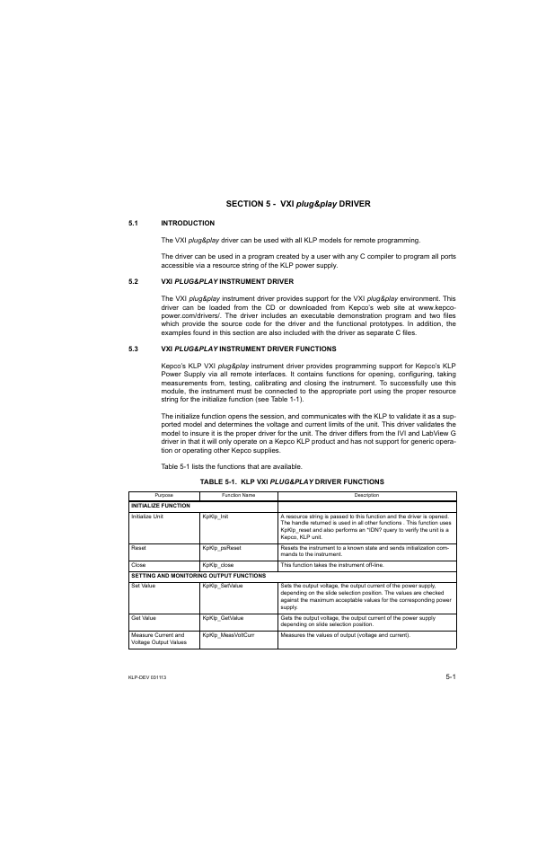 Section 5 - vxi plug&play driver, 1 introduction, 2 vxi plug&play instrument driver | 3 vxi plug&play instrument driver functions, Table 5-1. klp vxi plug&play driver functions, Ion 5) | KEPCO KLP Series Developer's Guide, Rev 1 User Manual | Page 63 / 132