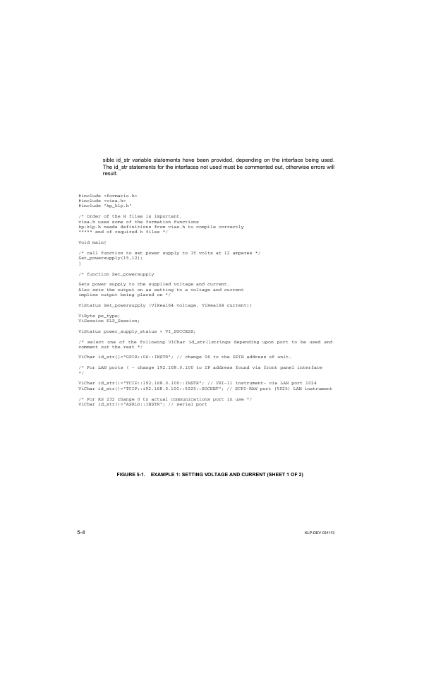 Figure 5-1. example 1: setting voltage and current | KEPCO KLP Series Developer's Guide, Rev 1 User Manual | Page 66 / 132