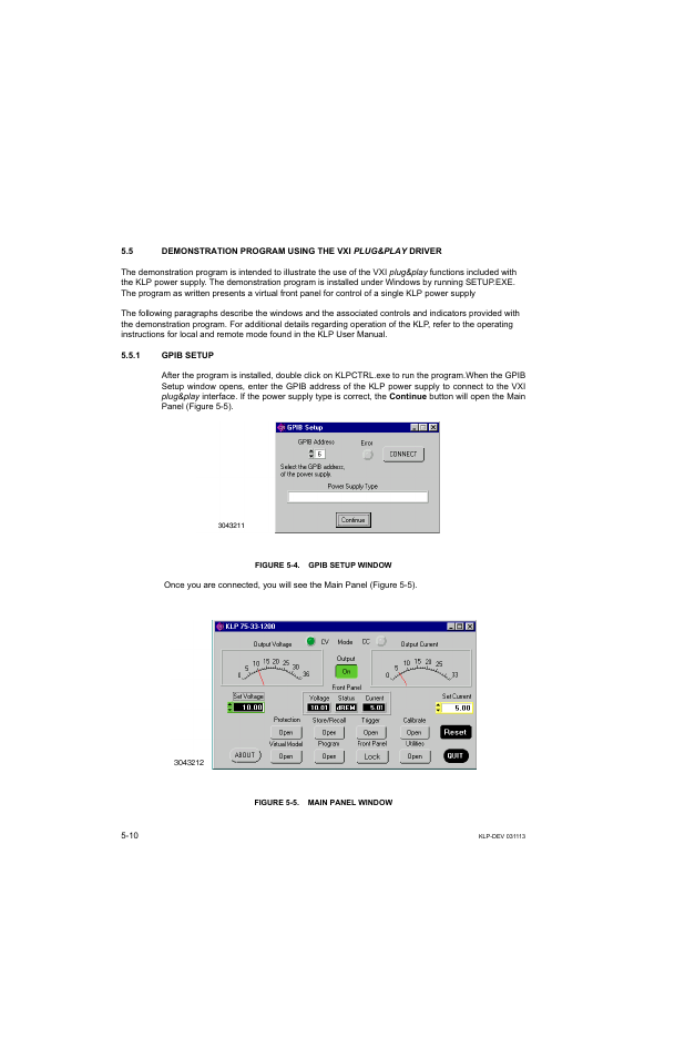 1 gpib setup, Figure 5-4. gpib setup window, Figure 5-5. main panel window | KEPCO KLP Series Developer's Guide, Rev 1 User Manual | Page 72 / 132