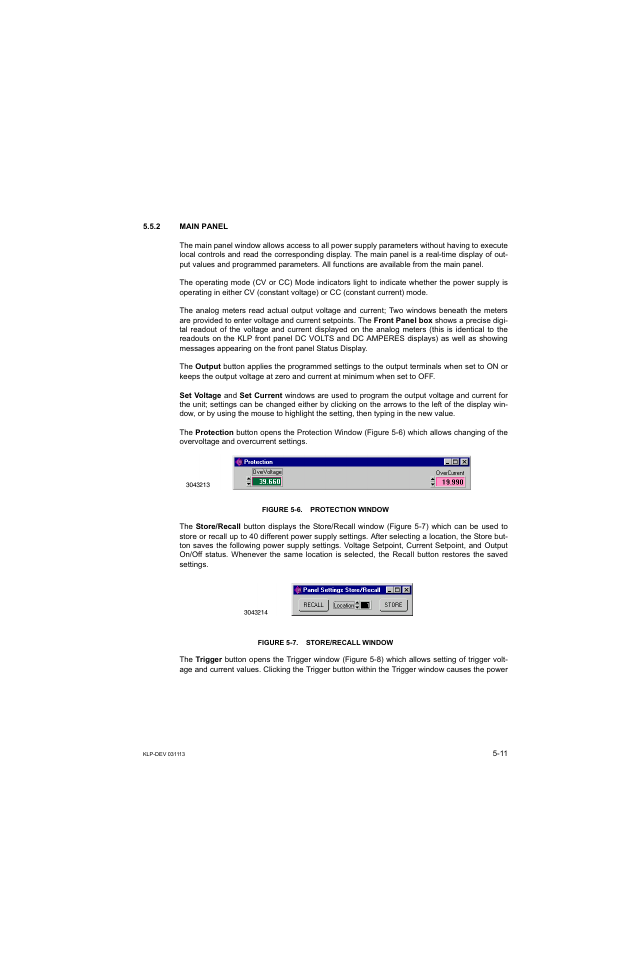 2 main panel, Figure 5-6. protection window, Figure 5-7. store/recall window | KEPCO KLP Series Developer's Guide, Rev 1 User Manual | Page 73 / 132