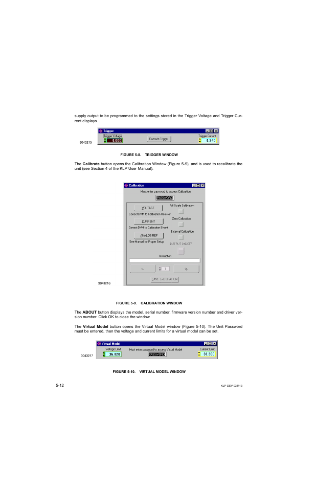 Figure 5-8. trigger window, Figure 5-9. calibration window, Figure 5-10. virtual model window | KEPCO KLP Series Developer's Guide, Rev 1 User Manual | Page 74 / 132