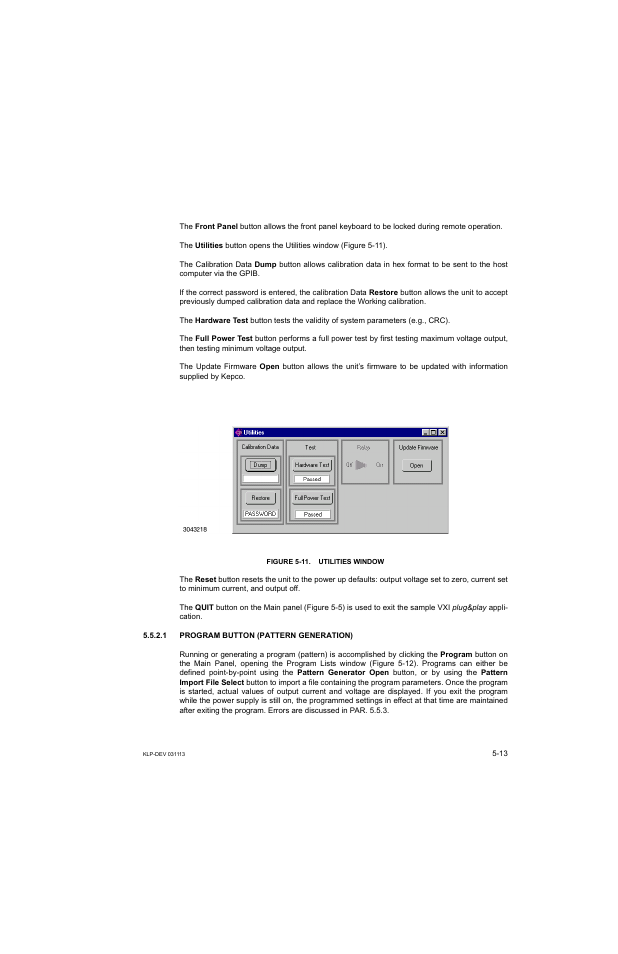 Figure 5-11. utilities window, 1 program button (pattern generation) | KEPCO KLP Series Developer's Guide, Rev 1 User Manual | Page 75 / 132