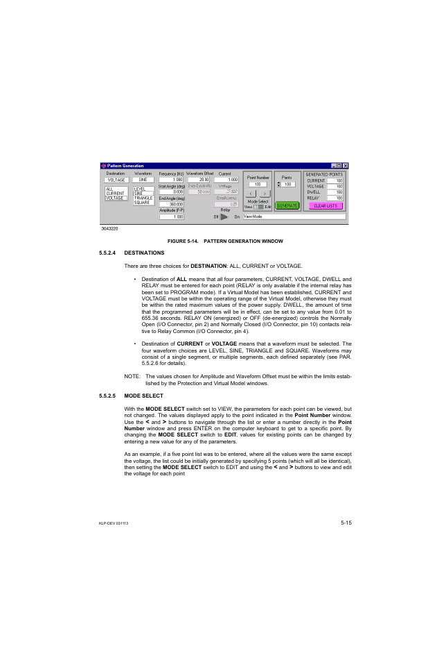 Figure 5-14. pattern generation window, 4 destinations, 5 mode select | E 5-14) ca | KEPCO KLP Series Developer's Guide, Rev 1 User Manual | Page 77 / 132