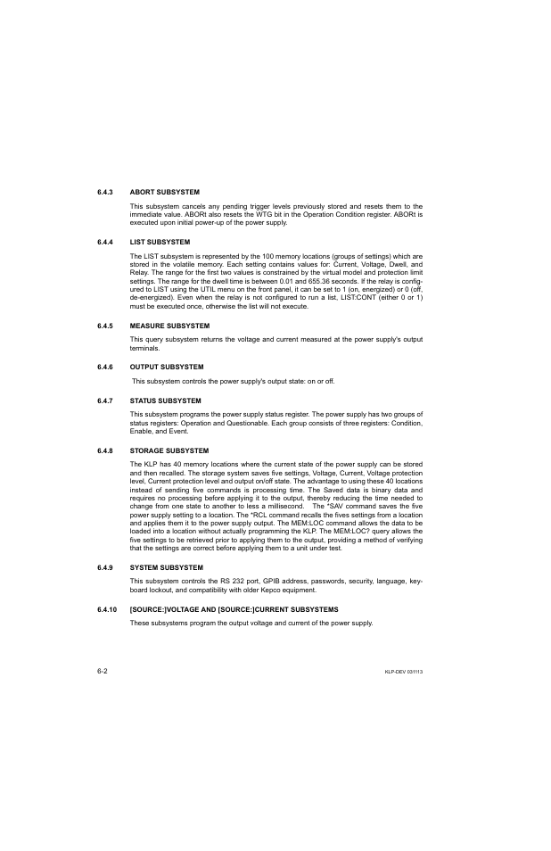 3 abort subsystem, 4 list subsystem, 5 measure subsystem | 6 output subsystem, 7 status subsystem, 8 storage subsystem, 9 system subsystem | KEPCO KLP Series Developer's Guide, Rev 1 User Manual | Page 82 / 132