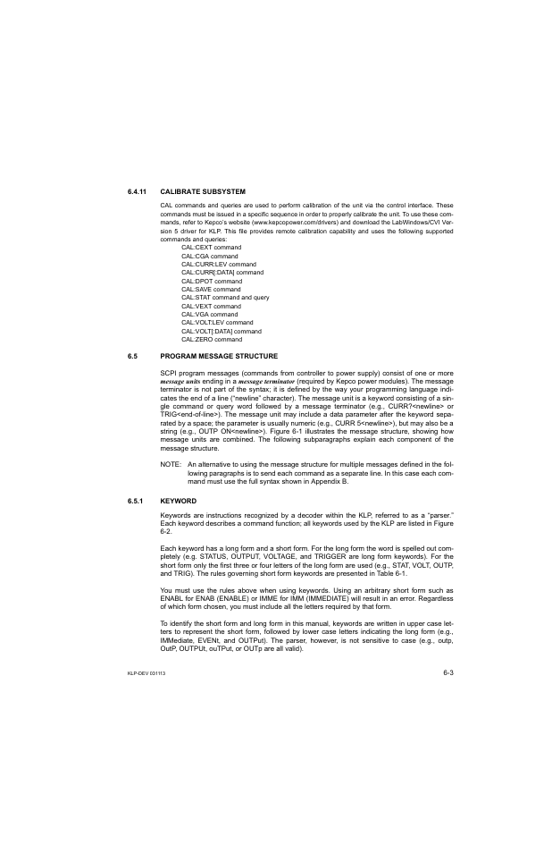 11 calibrate subsystem, 5 program message structure, 1 keyword | Ars 6.5 th | KEPCO KLP Series Developer's Guide, Rev 1 User Manual | Page 83 / 132