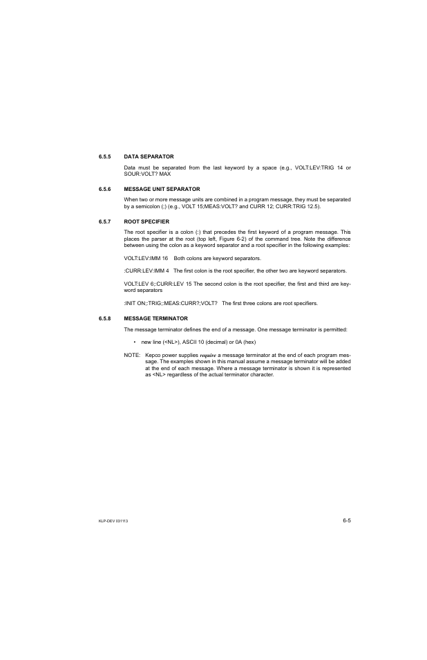 5 data separator, 6 message unit separator, 7 root specifier | 8 message terminator | KEPCO KLP Series Developer's Guide, Rev 1 User Manual | Page 85 / 132