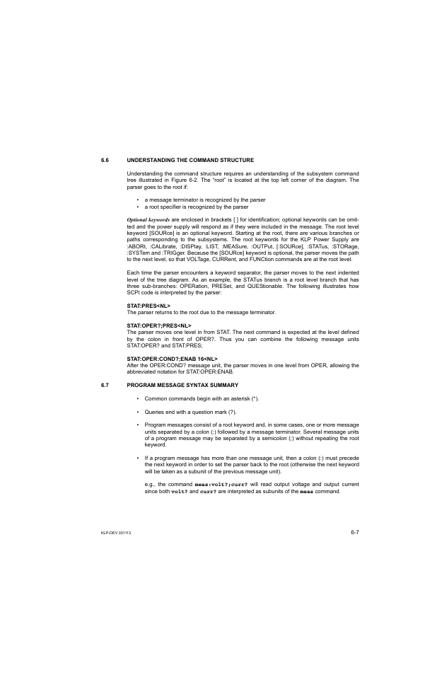 6 understanding the command structure, 7 program message syntax summary, H 6.7) | KEPCO KLP Series Developer's Guide, Rev 1 User Manual | Page 87 / 132