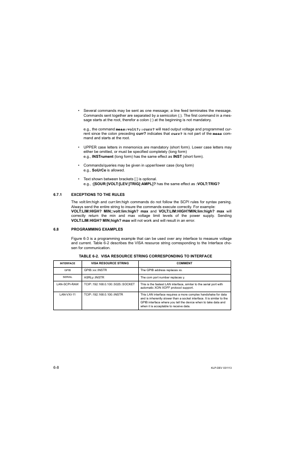 1 exceptions to the rules, 8 programming examples, 8, all utiliz | KEPCO KLP Series Developer's Guide, Rev 1 User Manual | Page 88 / 132