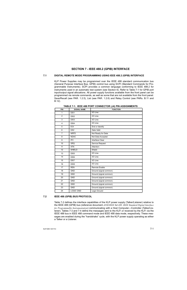Section 7 - ieee 488.2 (gpib) interface, 2 ieee 488 (gpib) bus protocol, See section 7) | D section 7, ieee 488.2 (gpib) inter- face | KEPCO KLP Series Developer's Guide, Rev 1 User Manual | Page 91 / 132