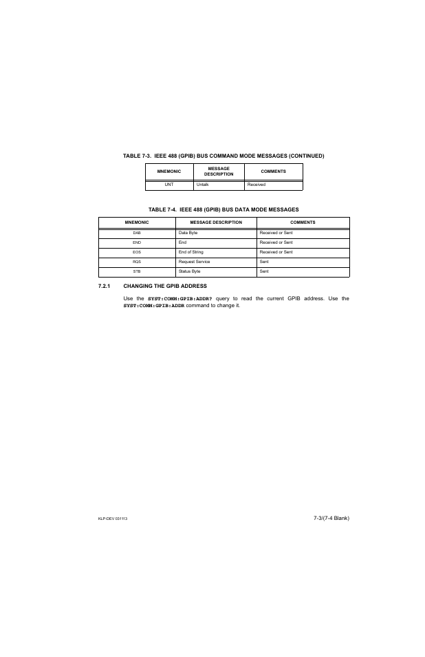Table 7-4. ieee 488 (gpib) bus data mode messages, 1 changing the gpib address, R.7.2.1 | KEPCO KLP Series Developer's Guide, Rev 1 User Manual | Page 93 / 132
