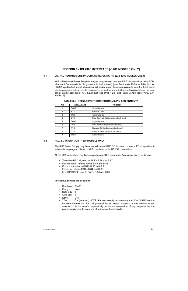 Section 8 - rs 232c interface [-1200 models only, 2 rs232-c operation [-1200 models only, N 8) | On 8, rs 232c interface [-1200 models only] fo | KEPCO KLP Series Developer's Guide, Rev 1 User Manual | Page 95 / 132