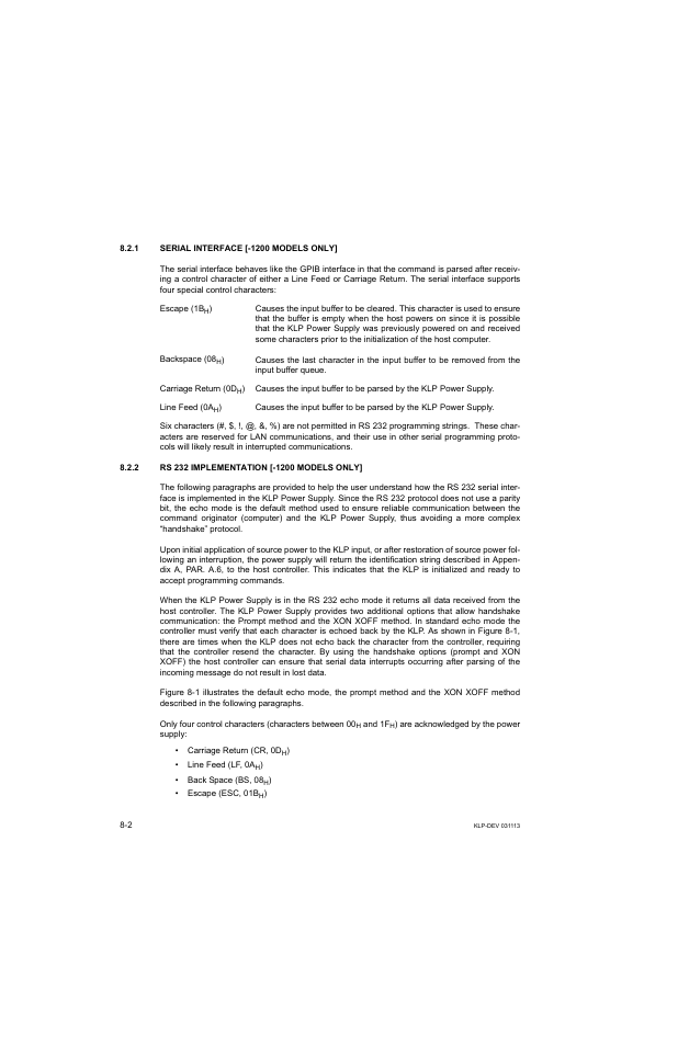 1 serial interface [-1200 models only, 2 rs 232 implementation [-1200 models only | KEPCO KLP Series Developer's Guide, Rev 1 User Manual | Page 96 / 132
