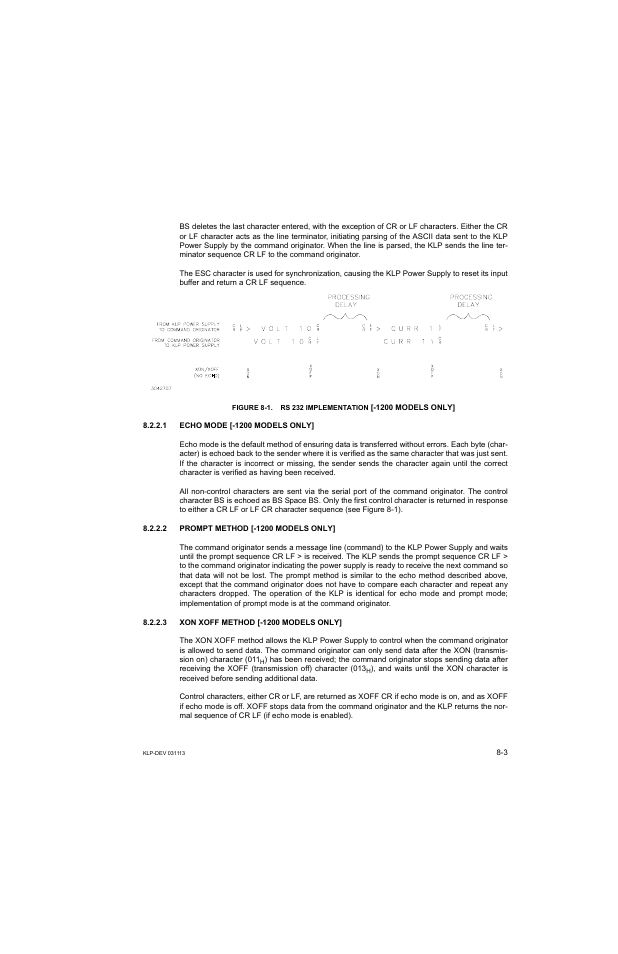 1 echo mode [-1200 models only, 2 prompt method [-1200 models only, 3 xon xoff method [-1200 models only | KEPCO KLP Series Developer's Guide, Rev 1 User Manual | Page 97 / 132