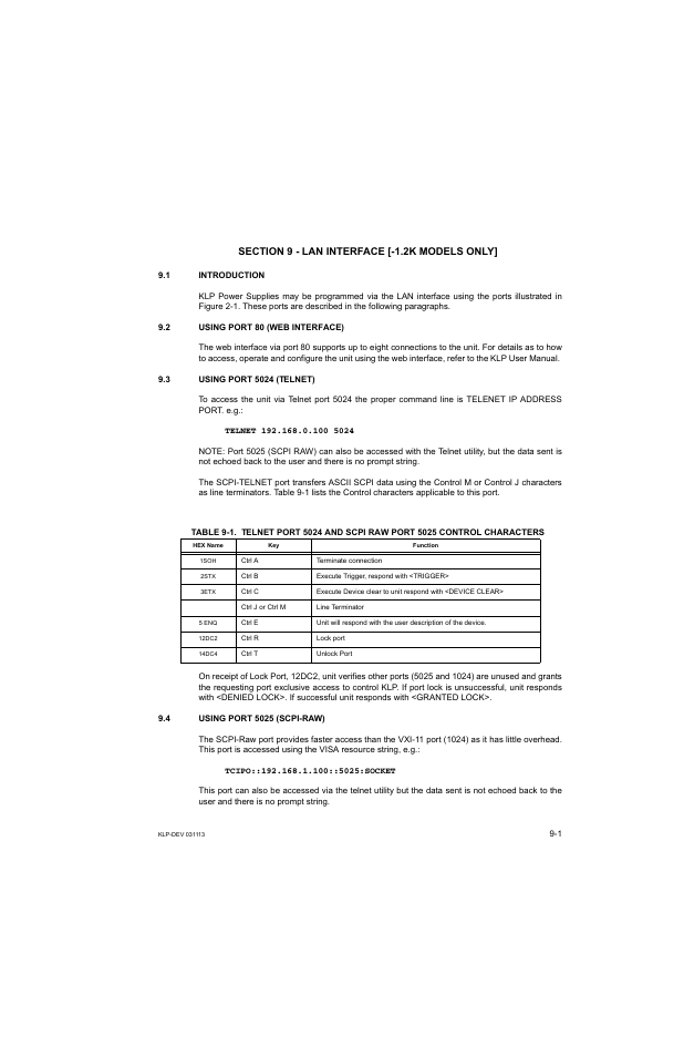 Section 9 - lan interface [-1.2k models only, 1 introduction, 2 using port 80 (web interface) | 3 using port 5024 (telnet), 4 using port 5025 (scpi-raw) | KEPCO KLP Series Developer's Guide, Rev 1 User Manual | Page 99 / 132