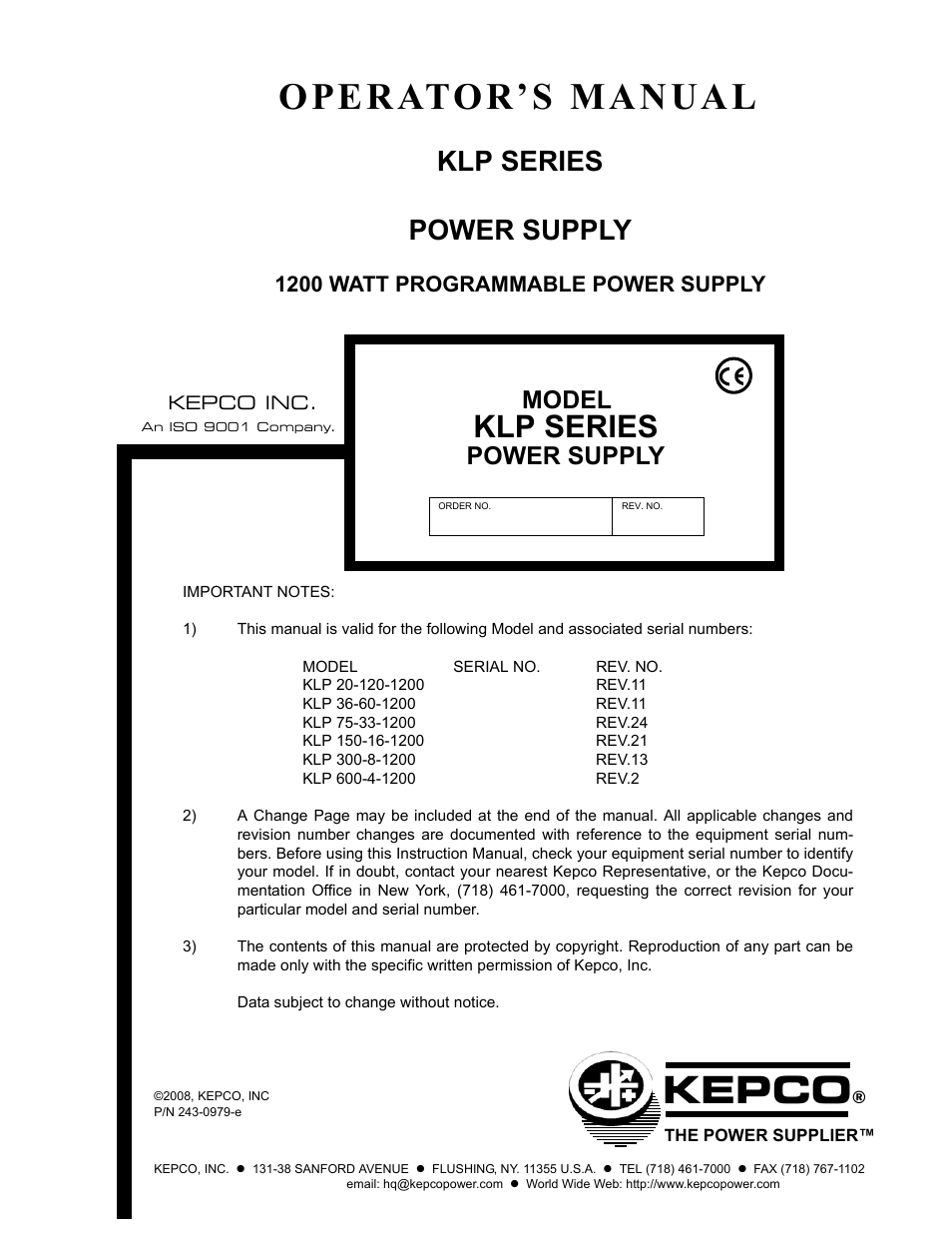 KEPCO KLP Series (older -1200 models) Operator Manual User Manual | 110 pages