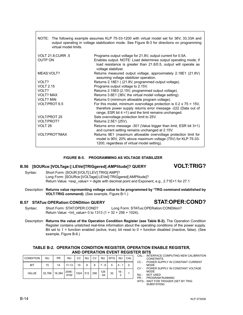 Figure b-5. programming as voltage stabilizer, B.57 status:operation:condition query, B.56 | Source, B.57, Statu, Volt:trig, Stat:oper:cond | KEPCO KLP Series (older -1200 models) Operator Manual User Manual | Page 100 / 110