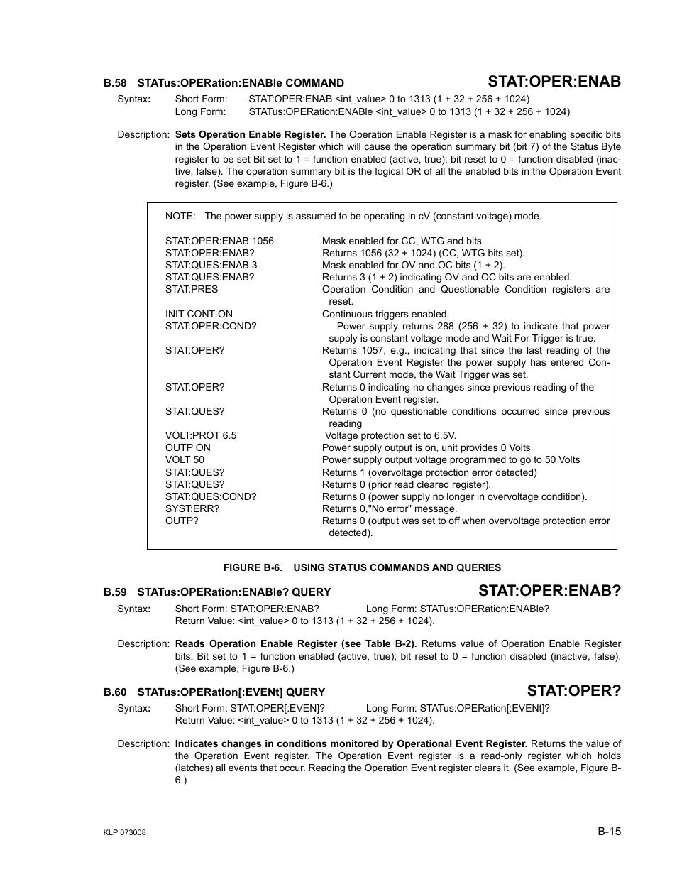 B.58 status:operation:enable command, Figure b-6. using status commands and queries, B.59 status:operation:enable? query | B.60 status:operation[:event] query, B.58, Status:ope, B.59, B.60, B.58, b.59, B-6.) | KEPCO KLP Series (older -1200 models) Operator Manual User Manual | Page 101 / 110