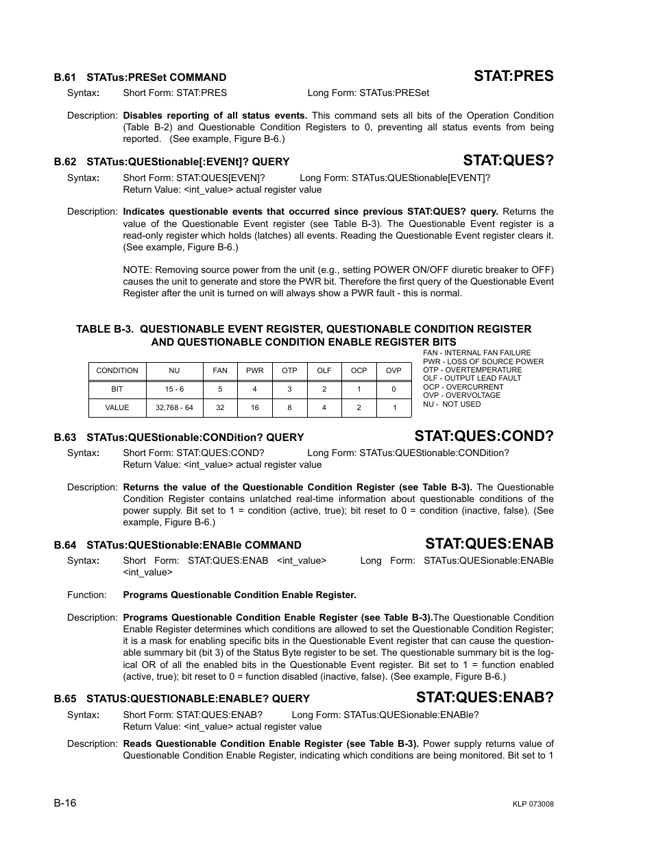 B.61 status:preset command, B.62 status:questionable[:event]? query, B.63 status:questionable:condition? query | B.64 status:questionable:enable command, B.65 status:questionable:enable? query, B.61, Status:pres, B.62, Stat, B.63 | KEPCO KLP Series (older -1200 models) Operator Manual User Manual | Page 102 / 110