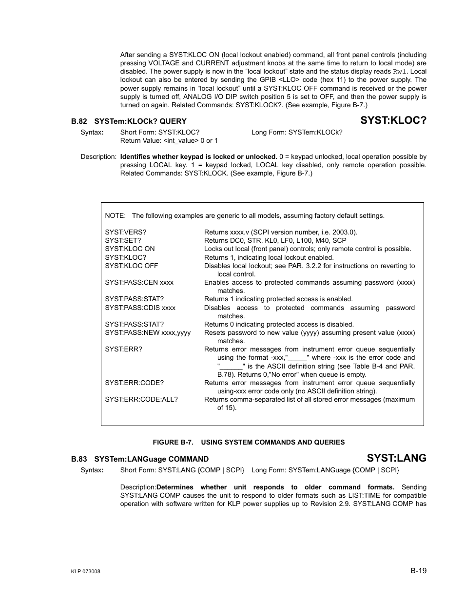 B.82 system:klock? query, Figure b-7. using system commands and queries, B.83 system:language command | B.82, System:klock? query, B.83, System:l, H b-7 for examples illus, B.83, b, Syst:kloc | KEPCO KLP Series (older -1200 models) Operator Manual User Manual | Page 105 / 110