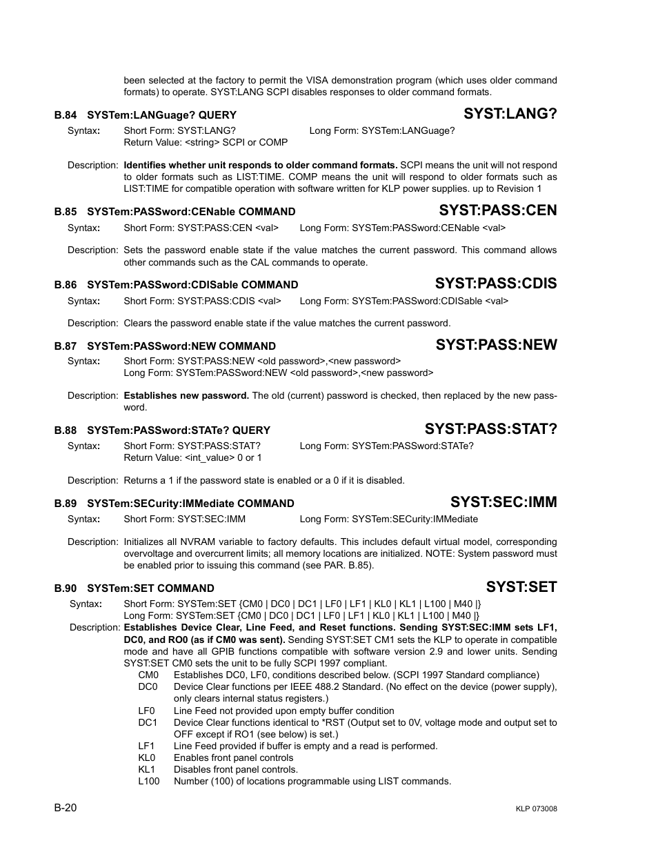 B.84 system:language? query, B.85 system:password:cenable command, B.86 system:password:cdisable command | B.87 system:password:new command, B.88 system:password:state? query, B.89 system:security:immediate command, B.90 system:set command, B.84, System:l, B.85 | KEPCO KLP Series (older -1200 models) Operator Manual User Manual | Page 106 / 110