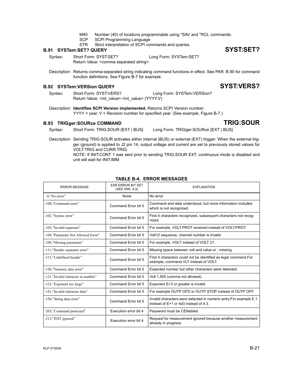 B.91 system:set? query, B.92 system:version query, B.93 trigger:source command | Table b-4. error messages, B.91, System:set? query, B.92, System:version query, B.93, Trigger:so | KEPCO KLP Series (older -1200 models) Operator Manual User Manual | Page 107 / 110