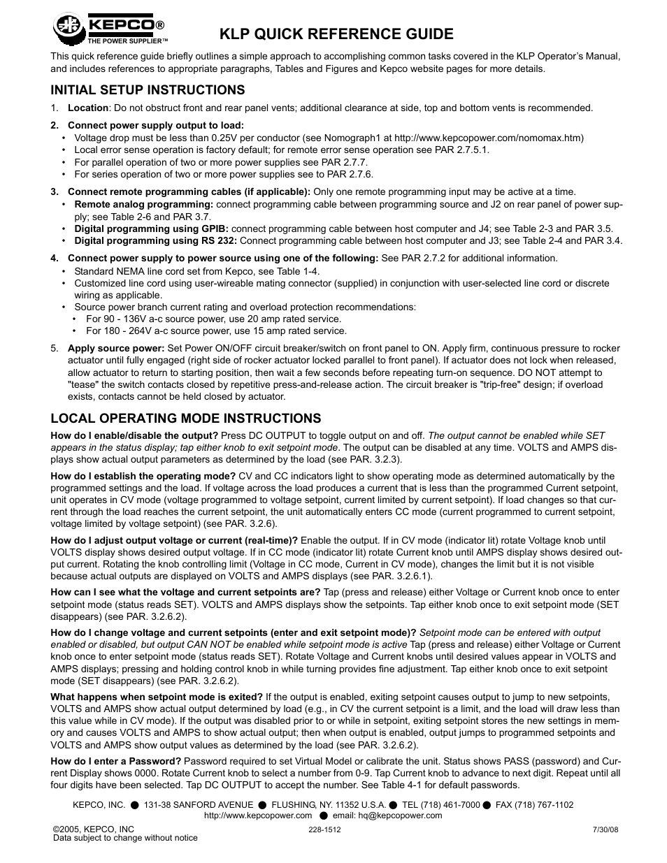 Klp quick reference guide, Kepco, Initial setup instructions | Local operating mode instructions | KEPCO KLP Series (older -1200 models) Operator Manual User Manual | Page 109 / 110