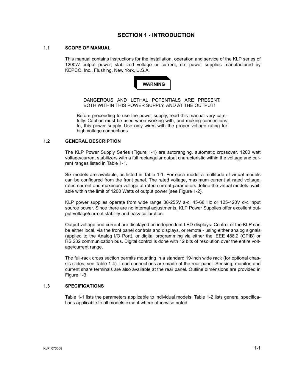 Section 1 - introduction, 1 scope of manual, 2 general description | 3 specifications, Scope of manual -1, General description -1, Specifications -1 | KEPCO KLP Series (older -1200 models) Operator Manual User Manual | Page 15 / 110