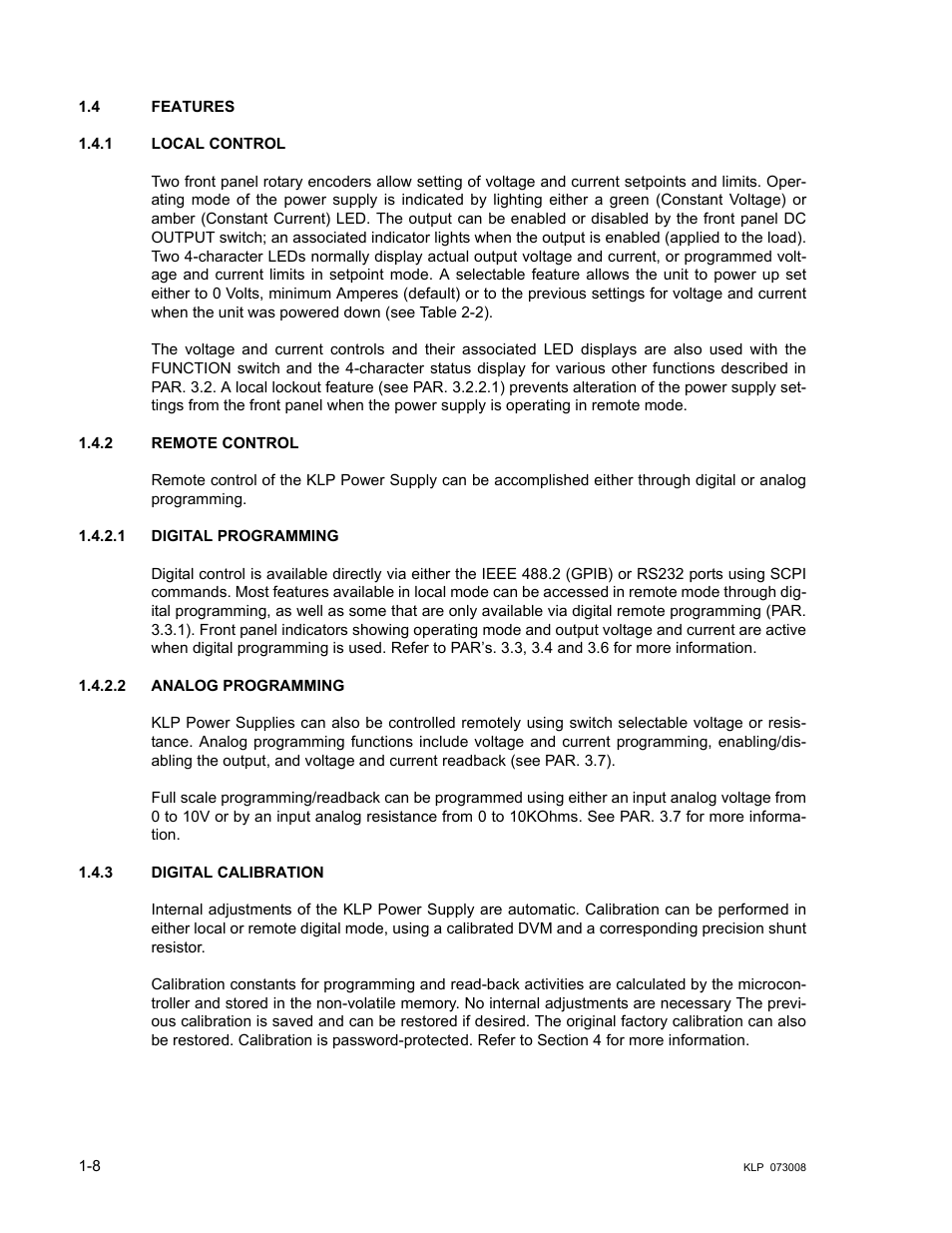 4 features, 1 local control, 2 remote control | 1 digital programming, 2 analog programming, 3 digital calibration, Features -8, Local control -8, Remote control -8, Digital programming -8 | KEPCO KLP Series (older -1200 models) Operator Manual User Manual | Page 22 / 110