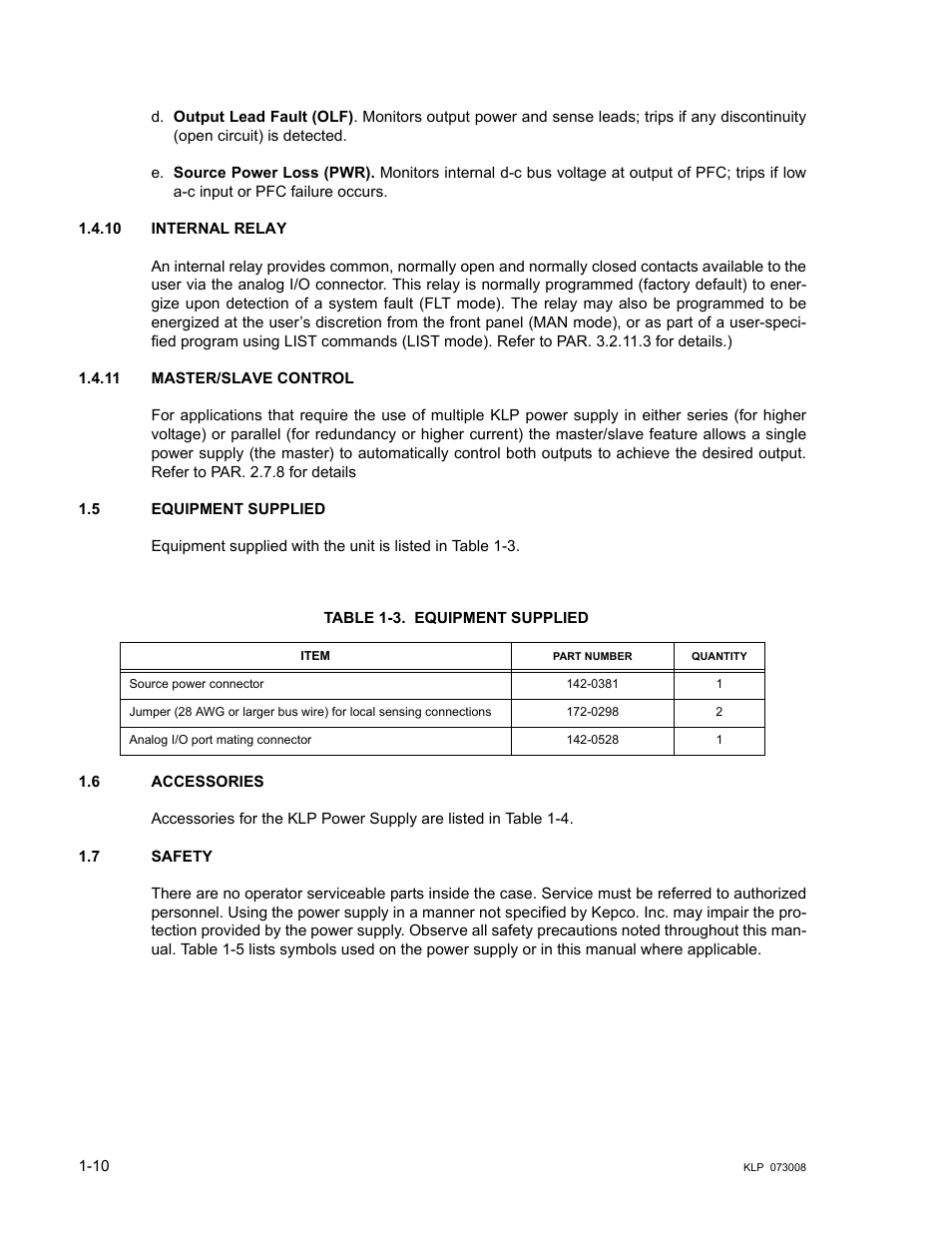 10 internal relay, 11 master/slave control, 5 equipment supplied | Table 1-3. equipment supplied, 6 accessories, 7 safety, Internal relay -10, Master/slave control -10, Equipment supplied -10, Accessories -10 | KEPCO KLP Series (older -1200 models) Operator Manual User Manual | Page 24 / 110