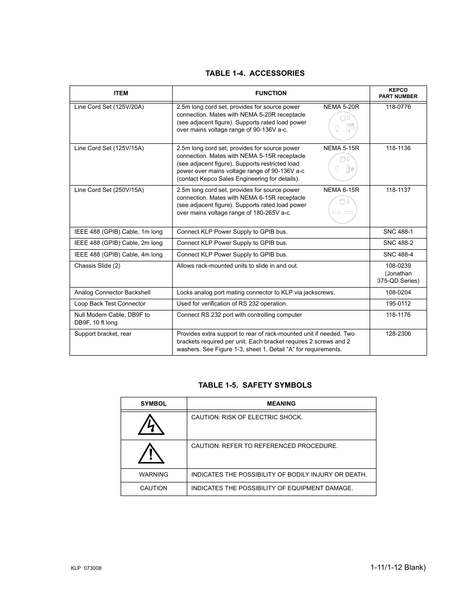 Table 1-4. accessories, Table 1-5. safety symbols, Accessories -11 | Safety symbols -11, Ble 1-4 | KEPCO KLP Series (older -1200 models) Operator Manual User Manual | Page 25 / 110