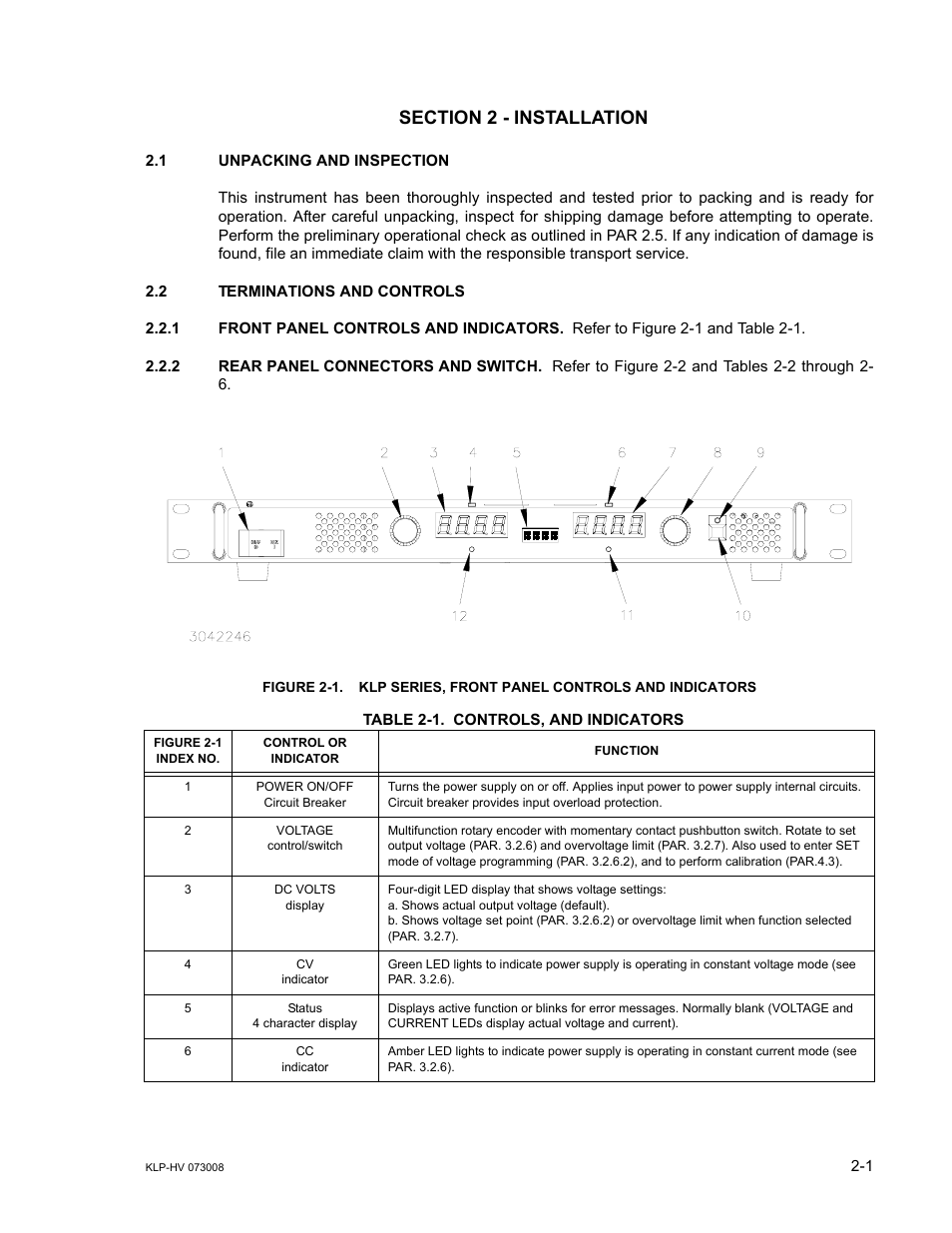 Section 2 - installation, 1 unpacking and inspection, 2 terminations and controls | 1 front panel controls and indicators, 2 rear panel connectors and switch, Table 2-1. controls, and indicators, Unpacking and inspection -1, Terminations and controls -1, Front panel controls and indicators -1, Rear panel connectors and switch -1 | KEPCO KLP Series (older -1200 models) Operator Manual User Manual | Page 27 / 110