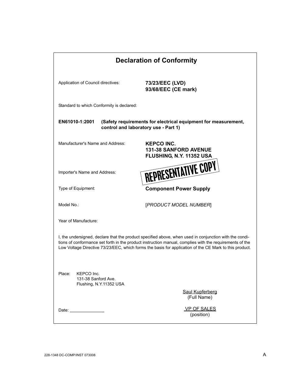 Represent ative cop y, Declaration of conformity | KEPCO KLP Series (older -1200 models) Operator Manual User Manual | Page 3 / 110