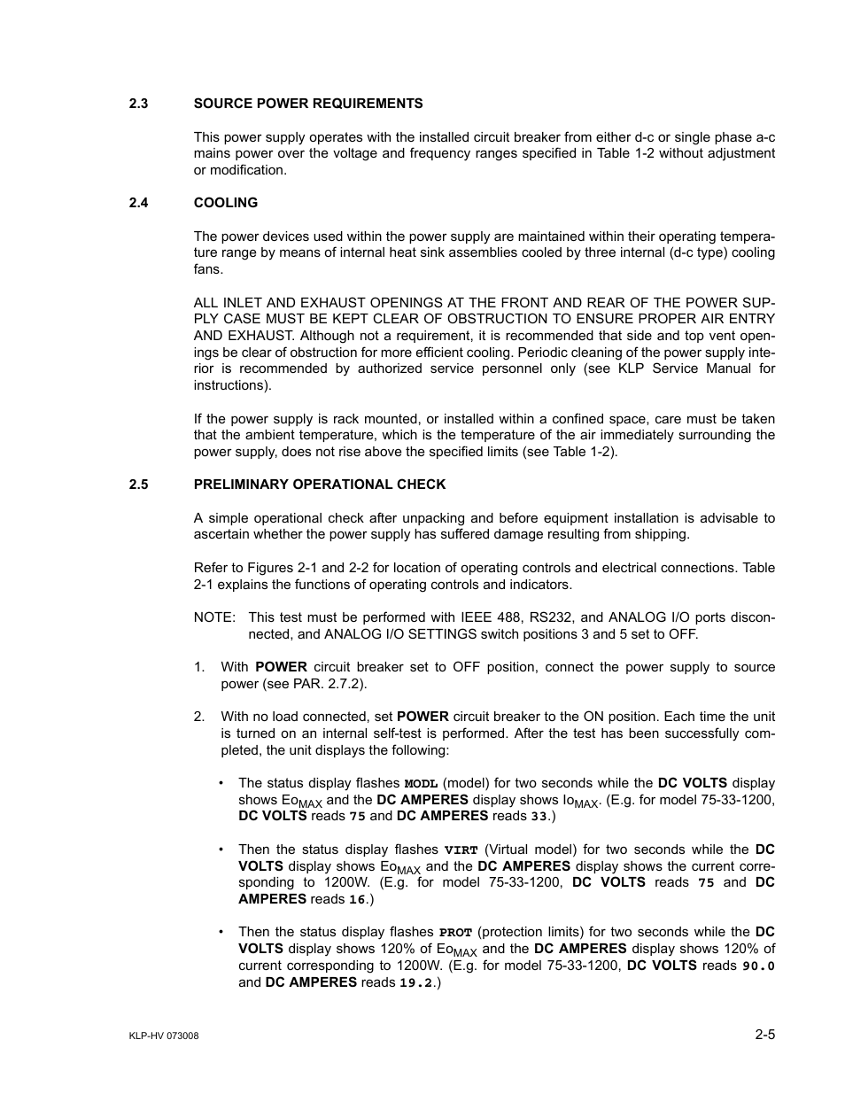 3 source power requirements, 4 cooling, 5 preliminary operational check | Source power requirements -5, Cooling -5, Preliminary operational check -5 | KEPCO KLP Series (older -1200 models) Operator Manual User Manual | Page 31 / 110