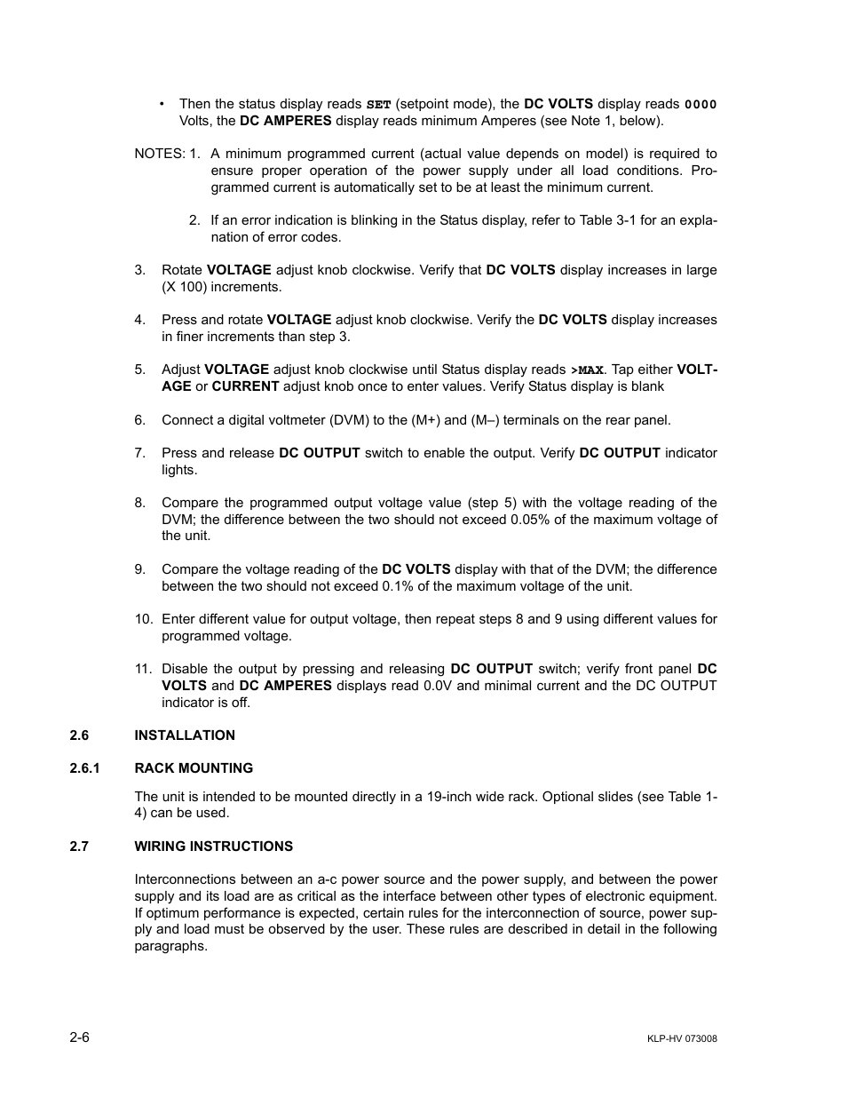 6 installation, 1 rack mounting, 7 wiring instructions | Installation -6, Rack mounting -6, Wiring instructions -6 | KEPCO KLP Series (older -1200 models) Operator Manual User Manual | Page 32 / 110