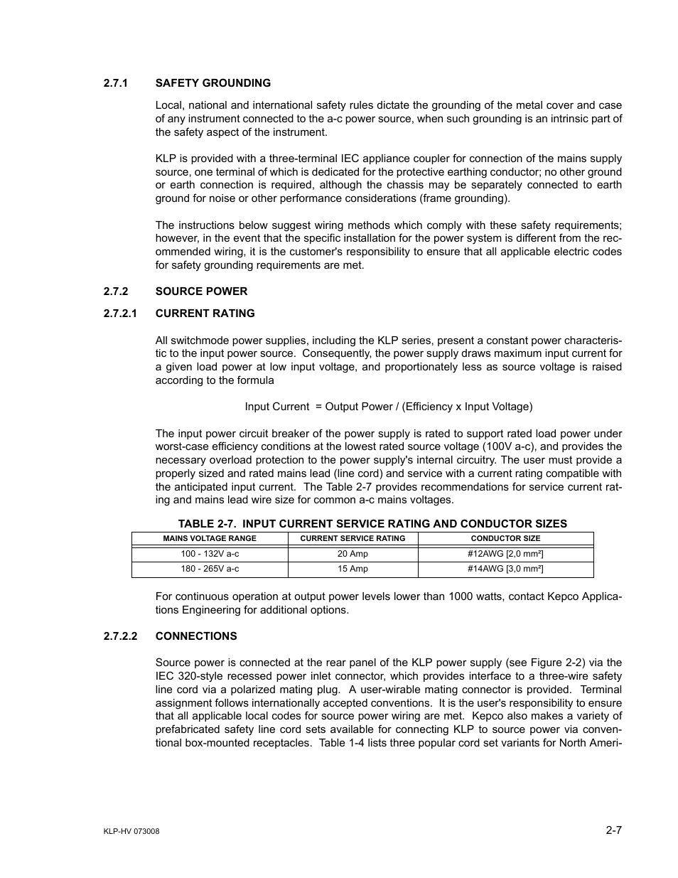 1 safety grounding, 2 source power, 1 current rating | 2 connections, Safety grounding -7, Source power -7, Current rating -7, Connections -7 | KEPCO KLP Series (older -1200 models) Operator Manual User Manual | Page 33 / 110