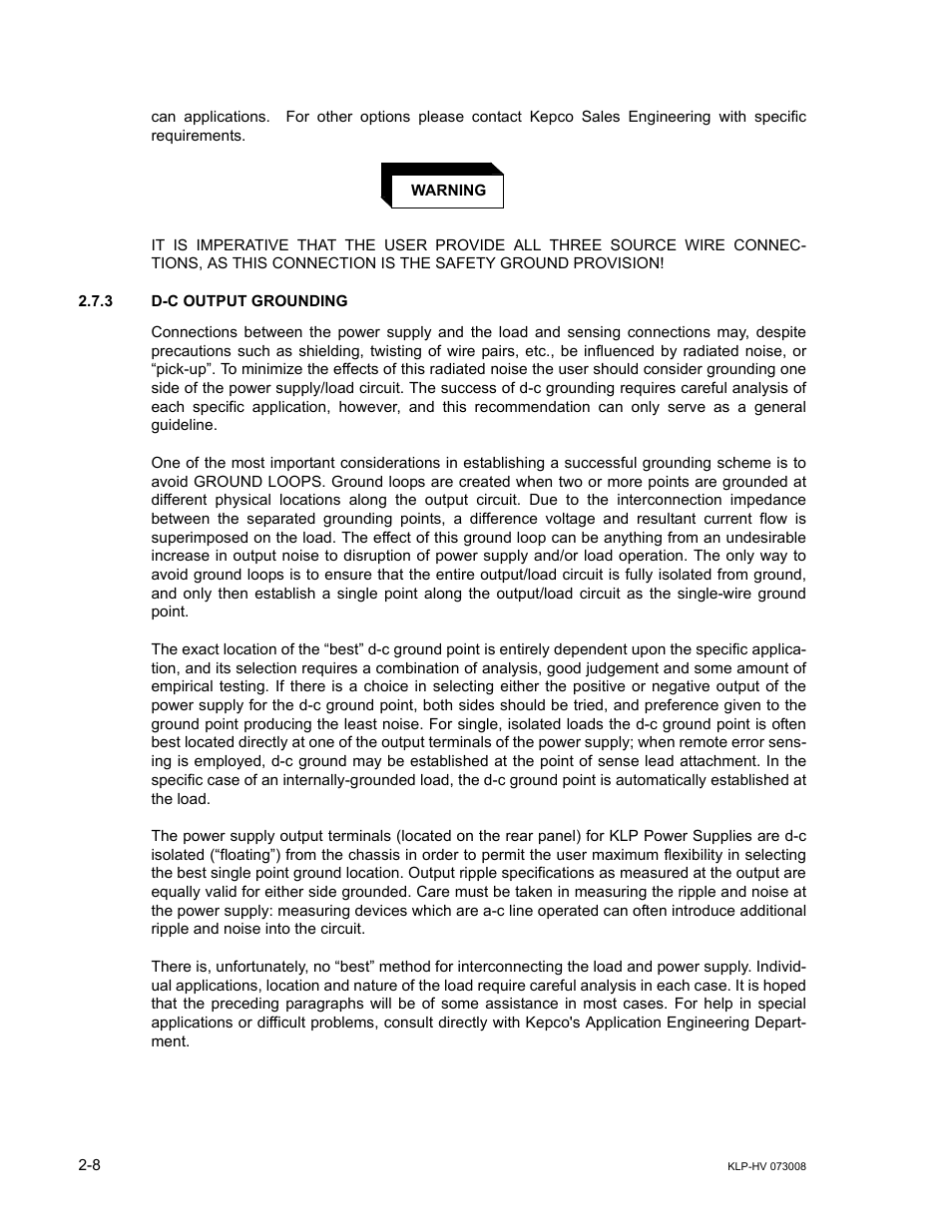 3 dc output grounding, D-c output grounding -8 | KEPCO KLP Series (older -1200 models) Operator Manual User Manual | Page 34 / 110