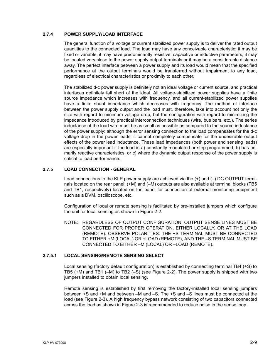 4 power supply/load interface, 5 load connection  general, 1 local sensing/remote sensing select | Power supply/load interface -9, Load connection - general -9, Local sensing/remote sensing select -9, R. 2.7.5.1) | KEPCO KLP Series (older -1200 models) Operator Manual User Manual | Page 35 / 110