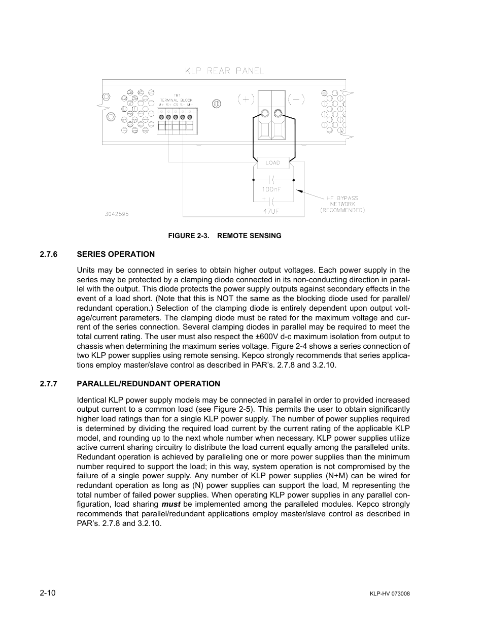 Figure 2-3. remote sensing, 6 series operation, 7 parallel/redundant operation | Series operation -10, Parallel/redundant operation -10, Remote sensing -10, E 2-3 | KEPCO KLP Series (older -1200 models) Operator Manual User Manual | Page 36 / 110