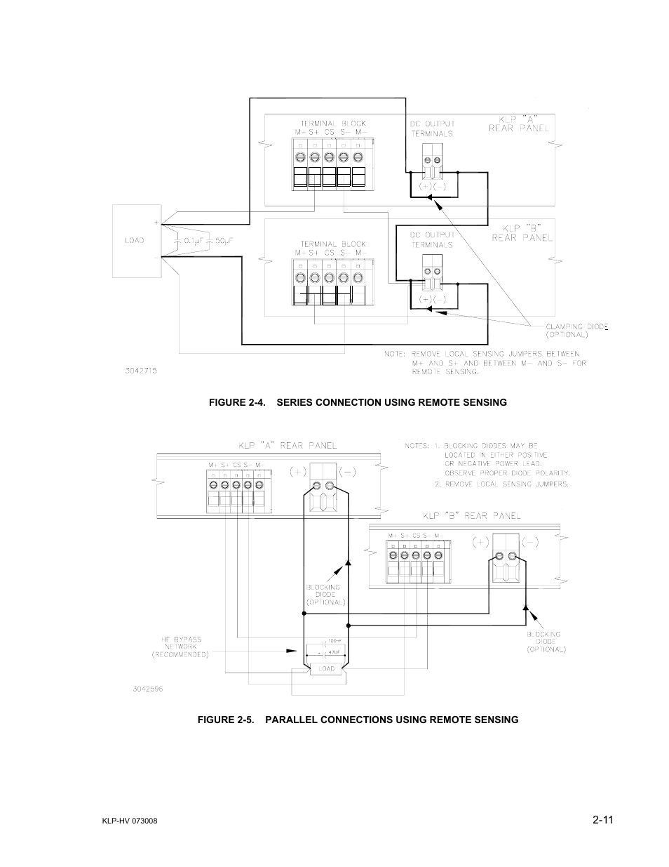 Figure 2-4. series connection using remote sensing, Series connection using remote sensing -11, Parallel connections using remote sensing -11 | KEPCO KLP Series (older -1200 models) Operator Manual User Manual | Page 37 / 110