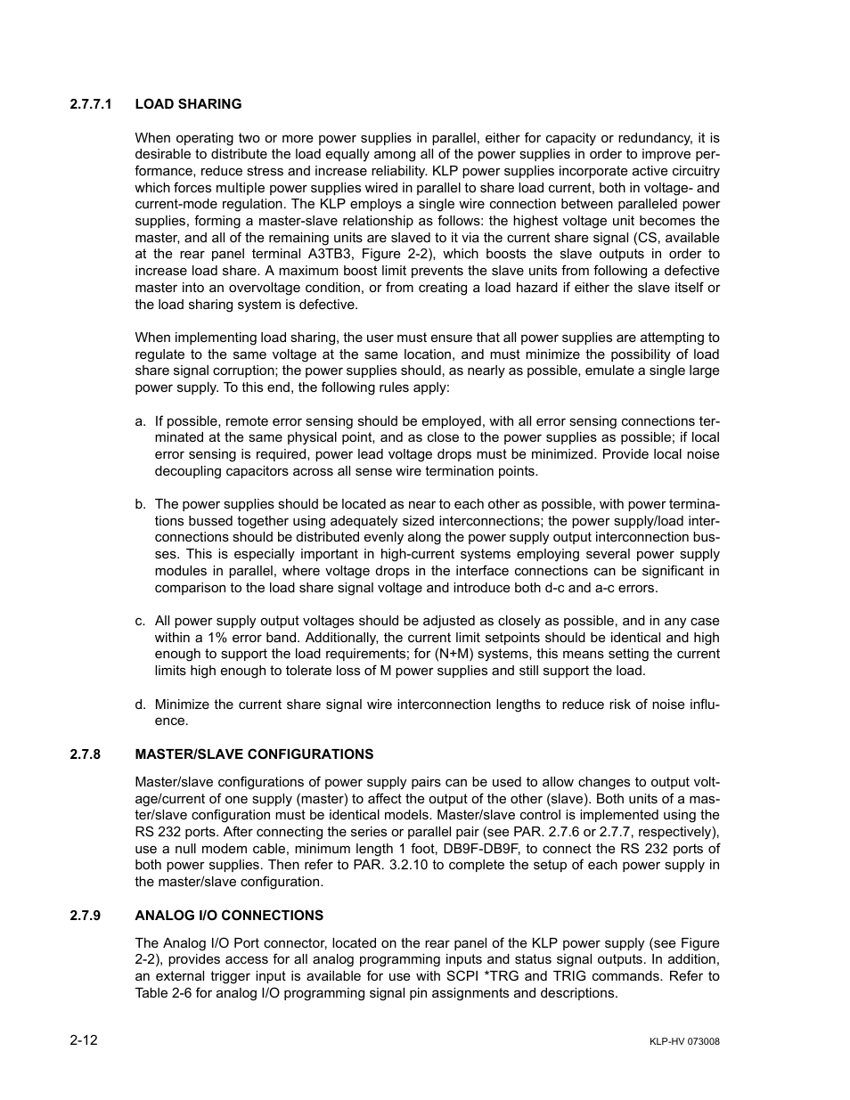 1 load sharing, 8 master/slave configurations, 9 analog i/o connections | Load sharing -12, Master/slave configurations -12, Analog i/o connections -12, S. 2.7.8 and | KEPCO KLP Series (older -1200 models) Operator Manual User Manual | Page 38 / 110