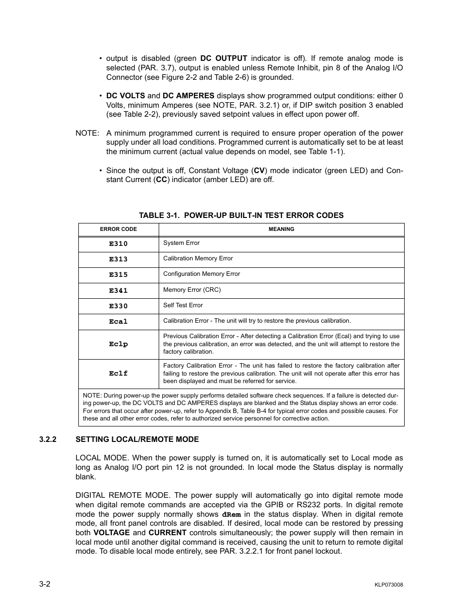 Table 3-1. power-up built-in test error codes, 2 setting local/remote mode, Setting local/remote mode -2 | Power-up built-in test error codes -2 | KEPCO KLP Series (older -1200 models) Operator Manual User Manual | Page 42 / 110