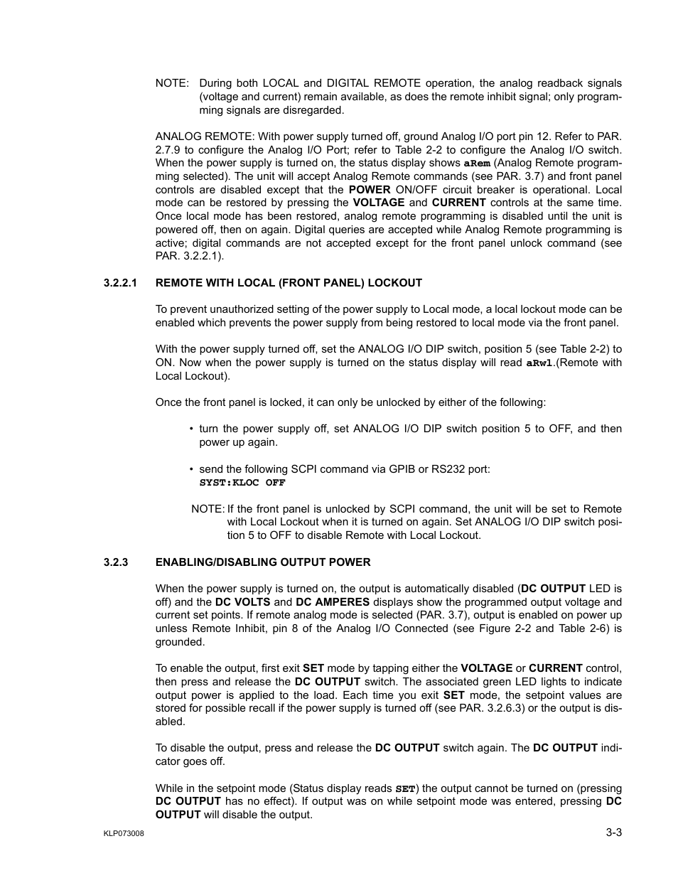 1 remote with local (front panel) lockout, 3 enabling/disabling output power, Remote with local (front panel) lockout -3 | Enabling/disabling output power -3, Ar. 3.2.3). also used, R. 3.2.2.1) | KEPCO KLP Series (older -1200 models) Operator Manual User Manual | Page 43 / 110