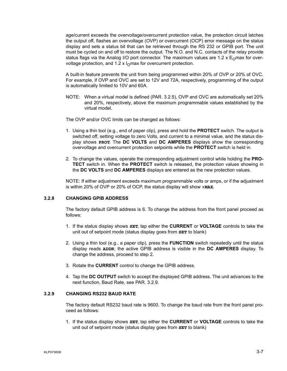 8 changing gpib address, 9 changing rs232 baud rate, Changing gpib address -7 | Changing rs232 baud rate -7, Ar. 3.2.9), Ar. 3.2.8, Ar. 3.2.9), enter, Ar. 3.2.8) | KEPCO KLP Series (older -1200 models) Operator Manual User Manual | Page 47 / 110