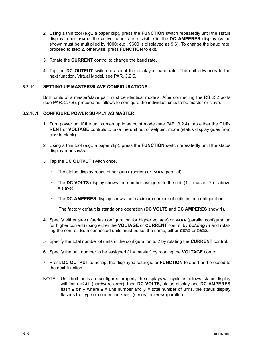 10 setting up master/slave configurations, 1 configure power supply as master, Setting up master/slave configurations -8 | Configure power supply as master -8, R. 3.2.10 | KEPCO KLP Series (older -1200 models) Operator Manual User Manual | Page 48 / 110